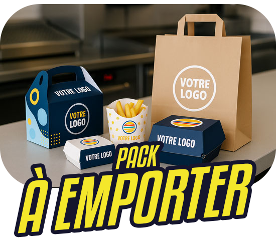 Packaging à emporter avec sac kraft, boîte burger, boîte frites et lunch box personnalisés