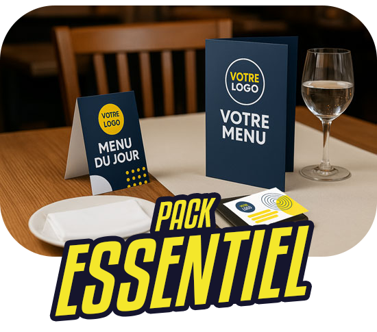 Table de restaurant avec menu dépliant, chevalet de table et carte de fidélité personnalisés
