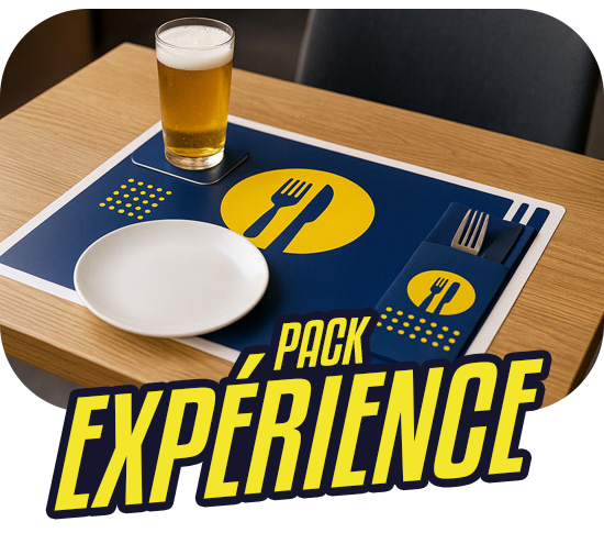 Table de restaurant avec menu dépliant, chevalet de table et carte de fidélité personnalisés